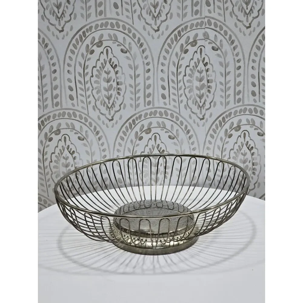 Mid-Century Modern Style Oval Silver Open Loop Wire Fruit Bread Basket Retro MCM